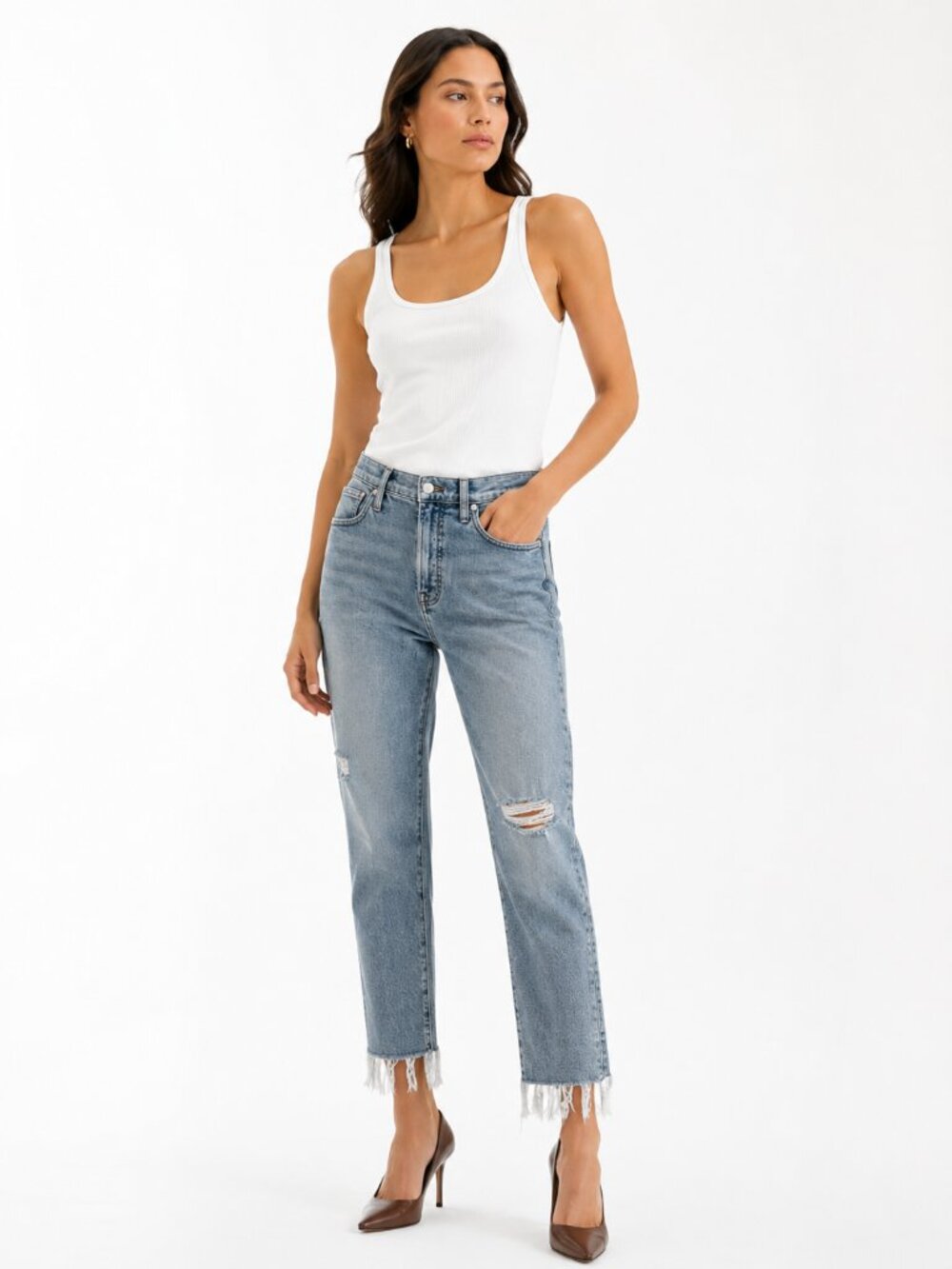 MADEWELL THE PERFECT VINTAGE JEANS DISTRESSED IN LIGHT WASH FRAY HEM - 26